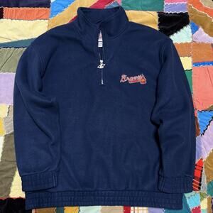 Vintage Logo Athletics Atlanta Braves Navy Blue Quarter Zip Fleece Jacket Large